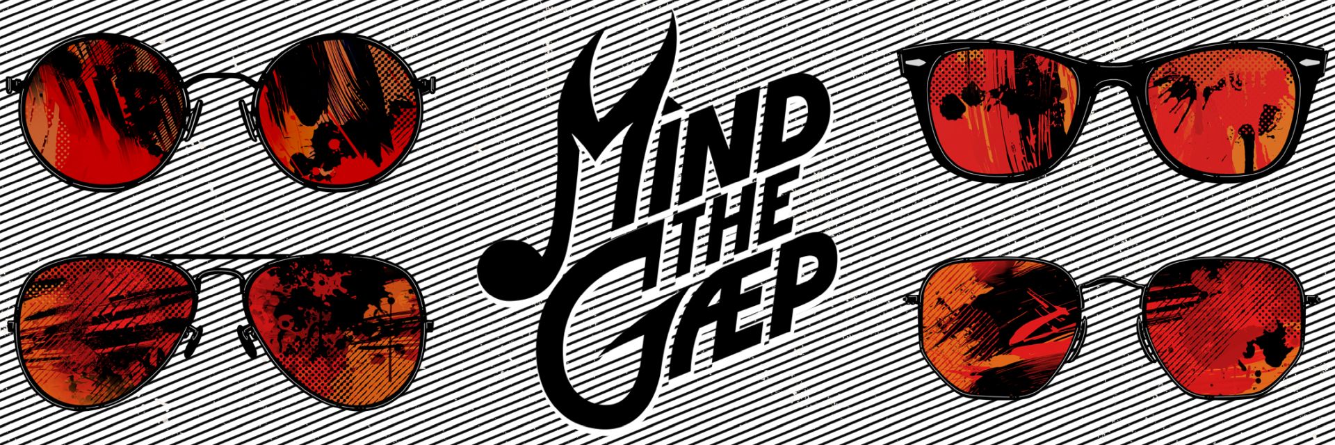 Album Banner. Bandlogo umringt von vier unterschiedlichen Sonnenbrillen mit rot-orange eingefärbten Brillengläsern auf schwarz-weiß gestreiftem Hintergrund.